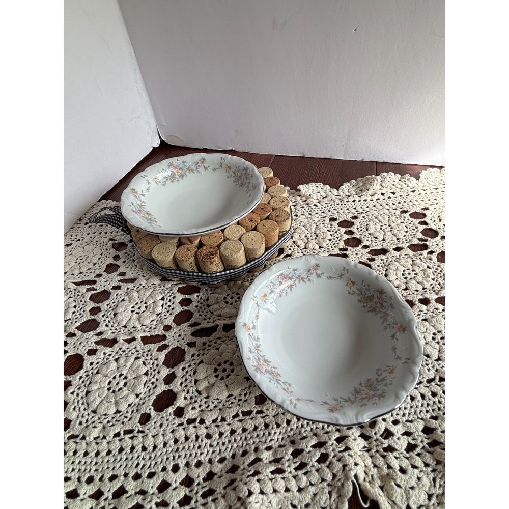 Johann Haviland Bavaria Germany Floral Fruit Bowls Scalloped Silver Trim Set 2